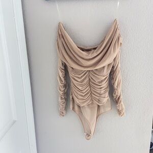 Fashion Nova Tan Asymmetrical Ruched Bodysuit